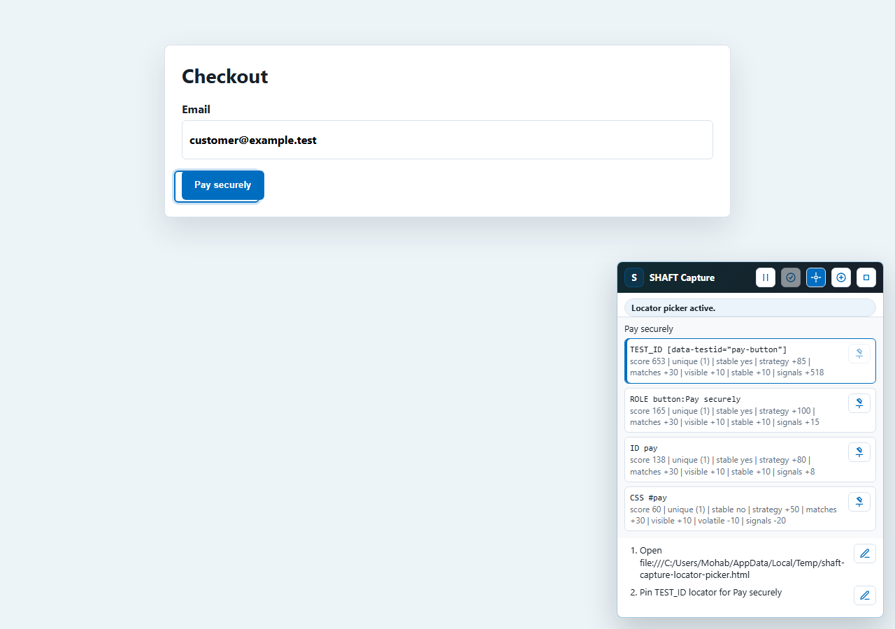 SHAFT Capture locator picker ranking stable locators for a checkout button